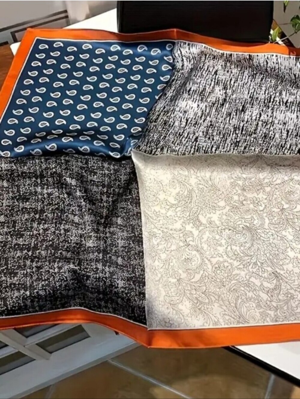 Silk-feel Patchwork Scarf with Navy Paisley, Black Tweed & Cream Paisley Panels